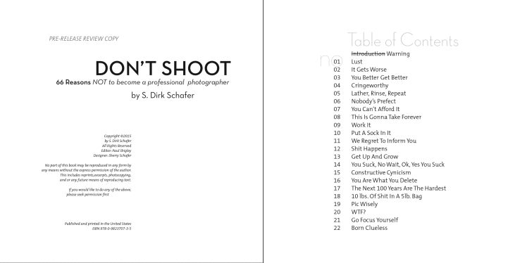 Masthead of the book DON’T SHOOT - 66 Reasons NOT to become a professional photographer.
